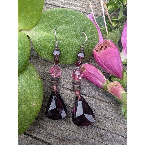 Vintage Sterling Purple Crystal Earrings, Handcrafted Purple Dangle Earrings - Picture 1 of 10